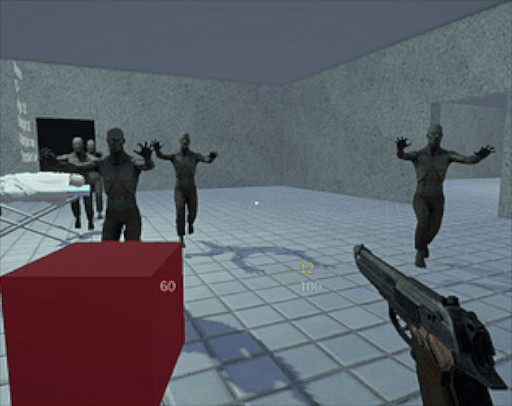 Game scene in a hospital in first person with a gun and zombies attacking