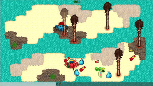Game scene in a 2D beach, with 2 crabs