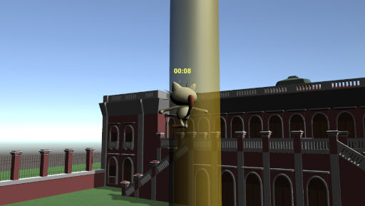 character jumping in front of museum