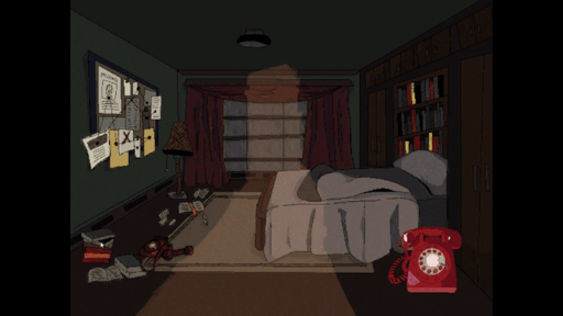 Game scene in a dark bedroom, interacting with an old dial phone