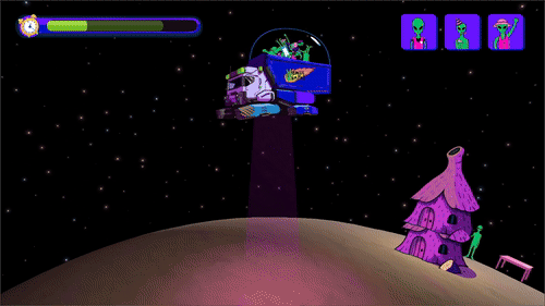 Game scene with a space truck abducting an alien